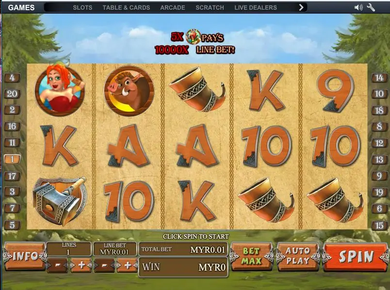 Viking Mania with the banner saying 5 Vikings pay 10,000 times the line bet, a boar and the Viking woman on the top row