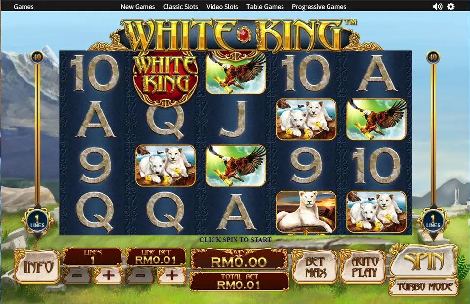 White King on one line with lion cubs, an eagle and the White King wild on reel 2