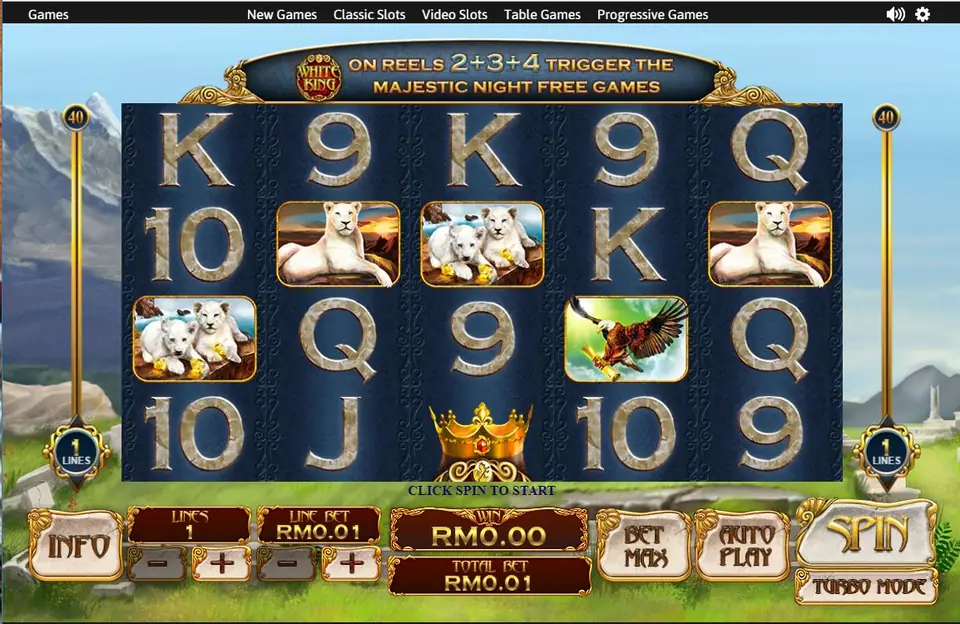 White King with the banner saying a symbol on reels 2, 3 and 4 triggers the Majestic Night free games, and the crown on reel 3