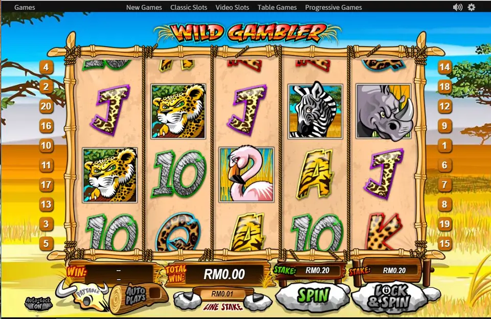 Wild Gambler reels with a leopard, a zebra, a rhino and a flamingo, two stake boxes at RM0.20 and the Lock and Spin button
