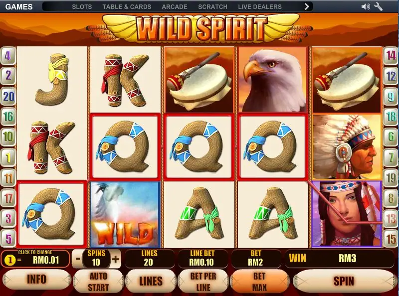 Wild Spirit with four Q symbols outlined in red along one line and a white horse wild on reel 2, win RM3