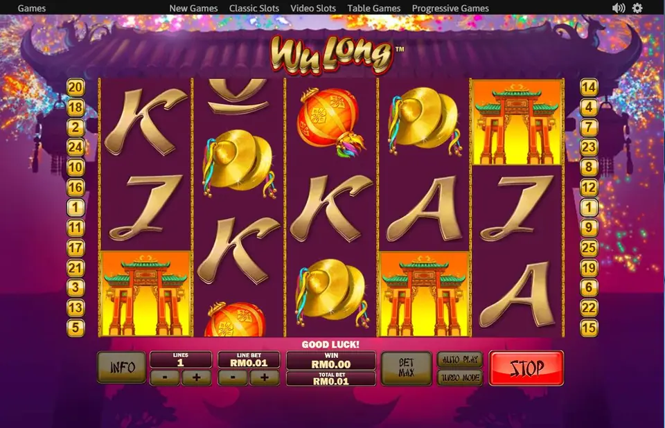 Wu Long with temple gates stacked on reels 1, 3 and 5 and gold cymbals on reel 2