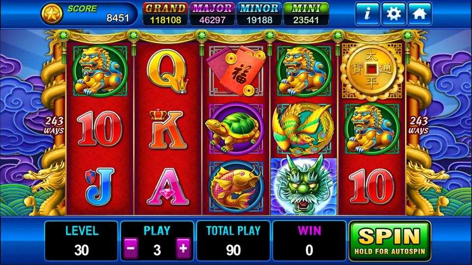 Dragons Legend reels with golden lion statues, a phoenix, a turtle, a koi and a green dragon face between carved dragon pillars, 243 ways on each side