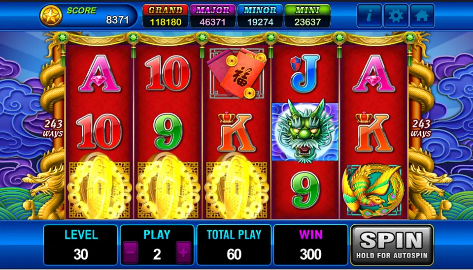 Dragons Legend with large gold coins filling the bottom row of the first three reels, a dragon face on reel four and a win of 300 in the panel