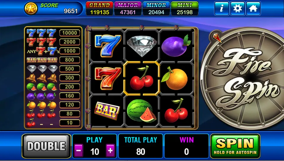 Fire Spin 3x3 grid with blue and red sevens, a diamond, plum, cherries, orange, BAR and watermelon, a prize list on the left and a Fire Spin wheel on the right