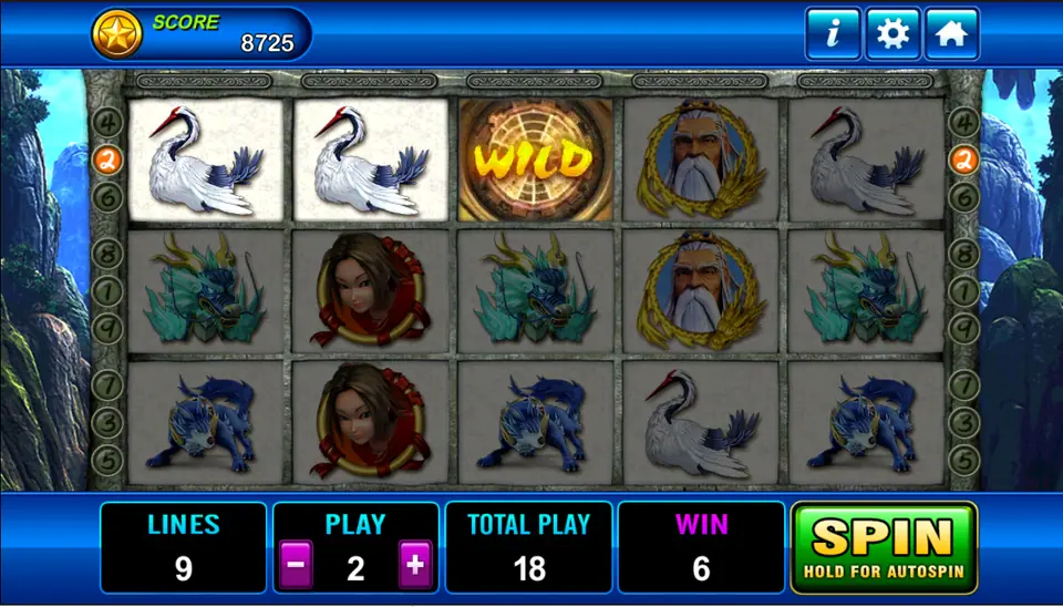 Fong Shen with line 2 lit, two cranes and a WILD tile across the top row and a win of 6