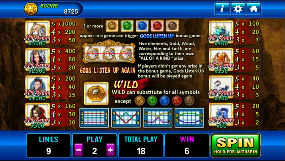 Fong Shen pay table with the sage at up to 1000, girls and warriors below, dragon beasts on the right, five element tokens for the Gods Listen Up bonus and the bagua wild