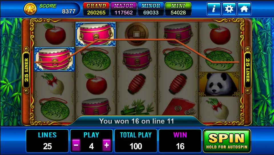 Fortune Panda with drums linked on line 11 across four reels and a message saying You won 16 on line 11