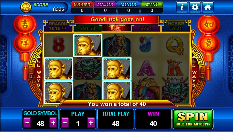 Fortune Tree reels with golden monkeys, a tiger, a green dragon, letter cards and a phoenix under red lanterns, dragon, phoenix, tiger and horse jackpot counters above