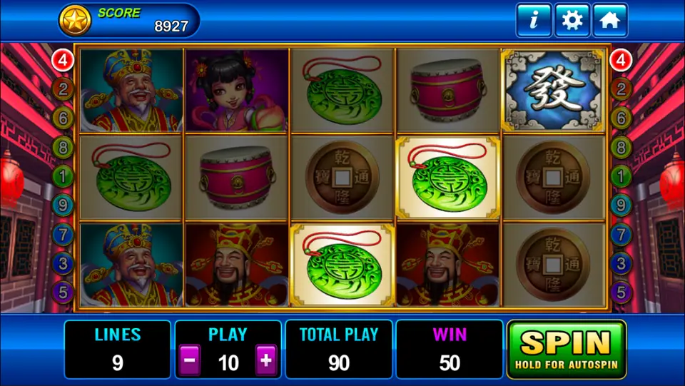 God of Wealth with jade pendants highlighted on two reels, Cai Shen and the elder on the outer reels and a win of 50