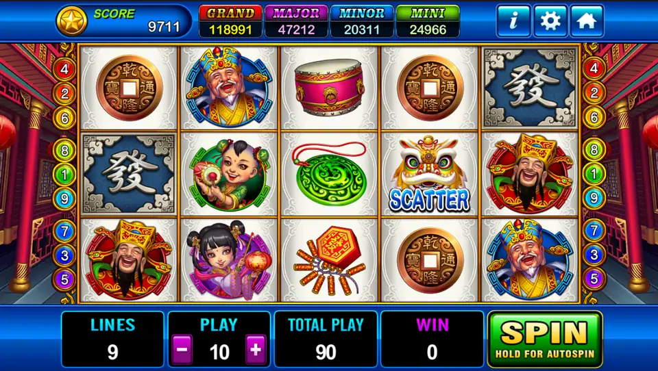 God of Wealth 2 on white reels with Cai Shen, the elder, two children, coins, a drum, jade, firecrackers, blue Fa tiles and a lion dance scatter, jackpot meters above