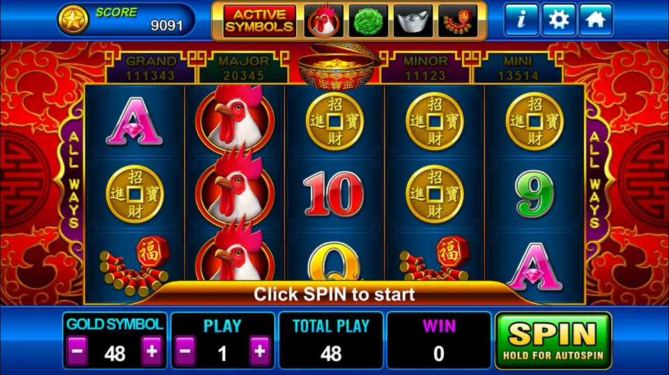 Golden Roaster reels with a column of three roosters, gold coins, firecrackers, letters and numbers, an Active Symbols bar and Grand, Major, Minor and Mini counters above