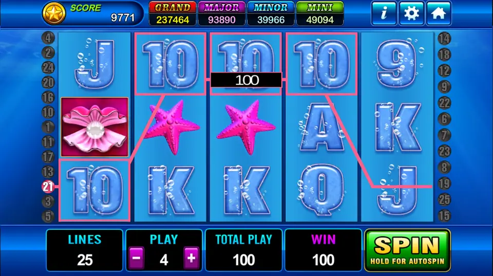 Grand Blue with line 21 drawn across four 10 symbols, starfish and an open pink pearl shell on reel one, and a win of 100