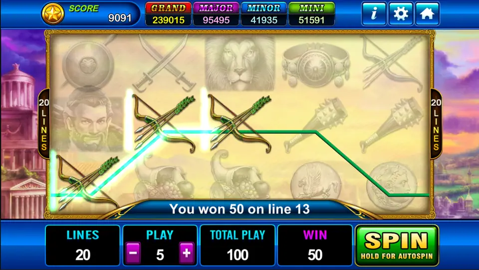 Hercules with three bows lit up along line 13 and the message You won 50 on line 13