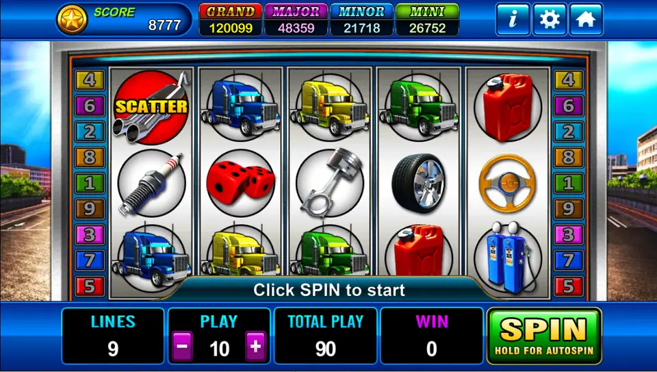 HighRoad King reels with blue, yellow and green trucks, a red exhaust scatter, spark plug, dice, piston, tyre, fuel can, steering wheel and petrol pumps, line numbers at the sides