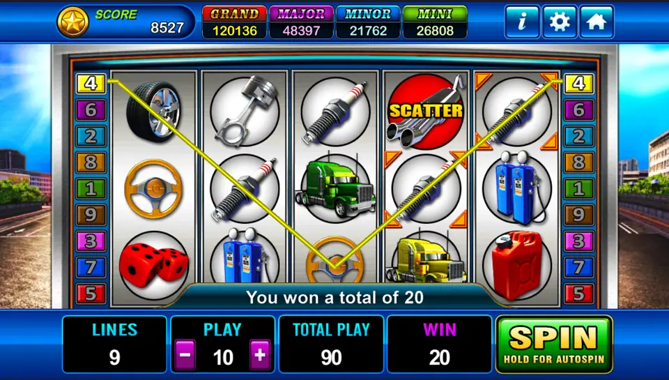 HighRoad King with a yellow V-shaped line on line 4 from reel one to reel five, a scatter on reel four and You won a total of 20