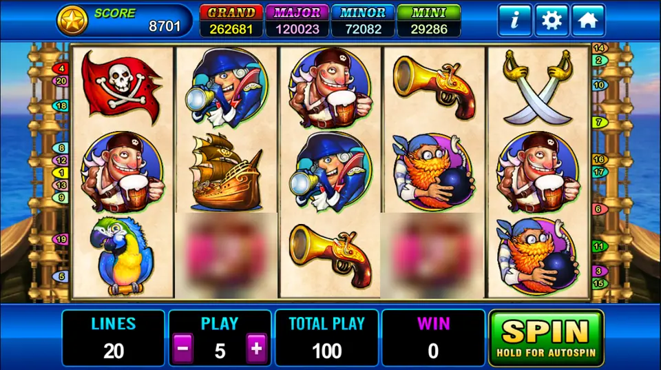 Pirate reels with a jolly roger flag, cartoon pirates with a telescope, a beer mug and a bomb, a galleon, a parrot, pistols and crossed cutlasses, ship masts at the sides