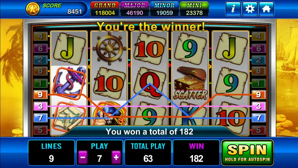 Pirate's Treasure with three paylines drawn across anchors, maps and cards, a chest scatter on reel four, You're the winner above and You won a total of 182