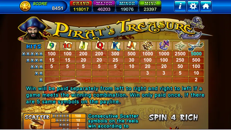 Pirat's Treasure pay table under a cartoon pirate captain, with 9 and 10 at 100, J and Q 200, K 300, A 500, wheel and anchor 1000, map 2500 and cutlass 5000, the both-ways rule and the chest scatter prizes