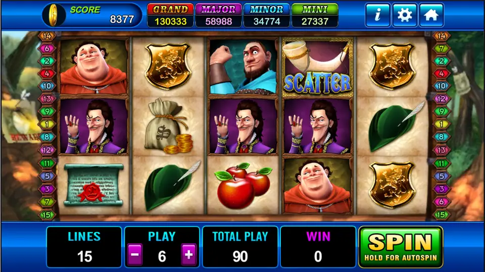 Robin Hood reels with Friar Tuck, the Sheriff, a strongman, a horn scatter, gold crests, a money bag, a green feathered cap, apples and a sealed scroll, forest behind