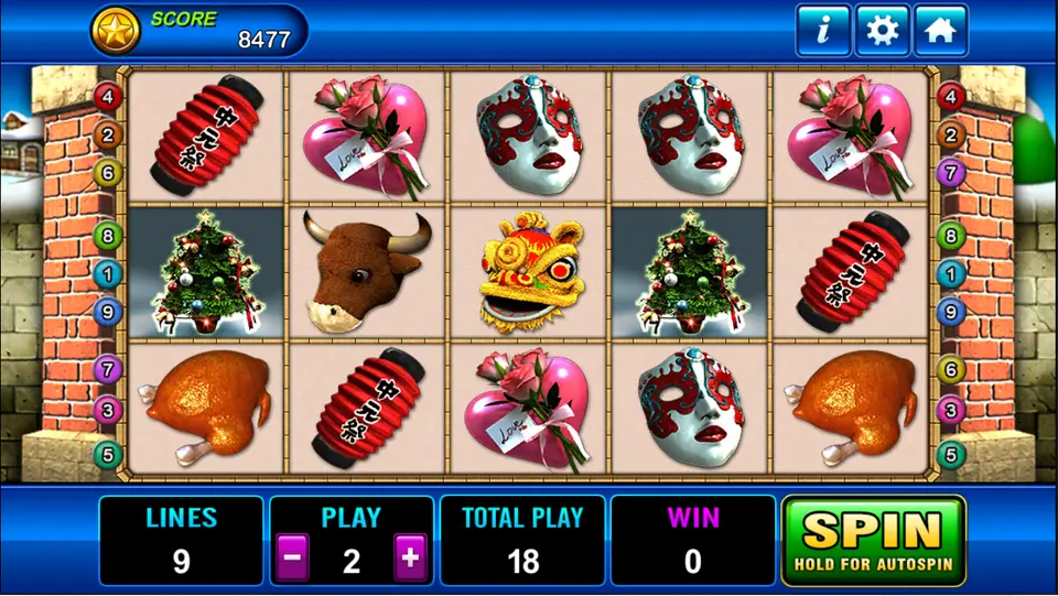 Seasons Greeting reels with red paper lanterns, heart boxes with roses, opera masks, Christmas trees, a bull head, a lion dance head and roast chickens, snowy brick walls behind