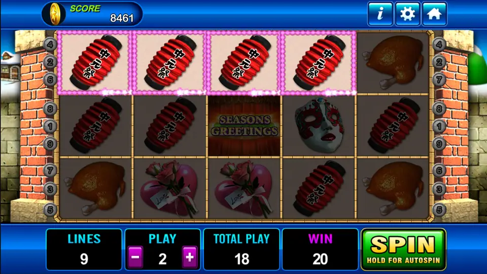 Seasons Greeting with four red lanterns lit across the top row, a Seasons Greetings logo in the middle and a win of 20