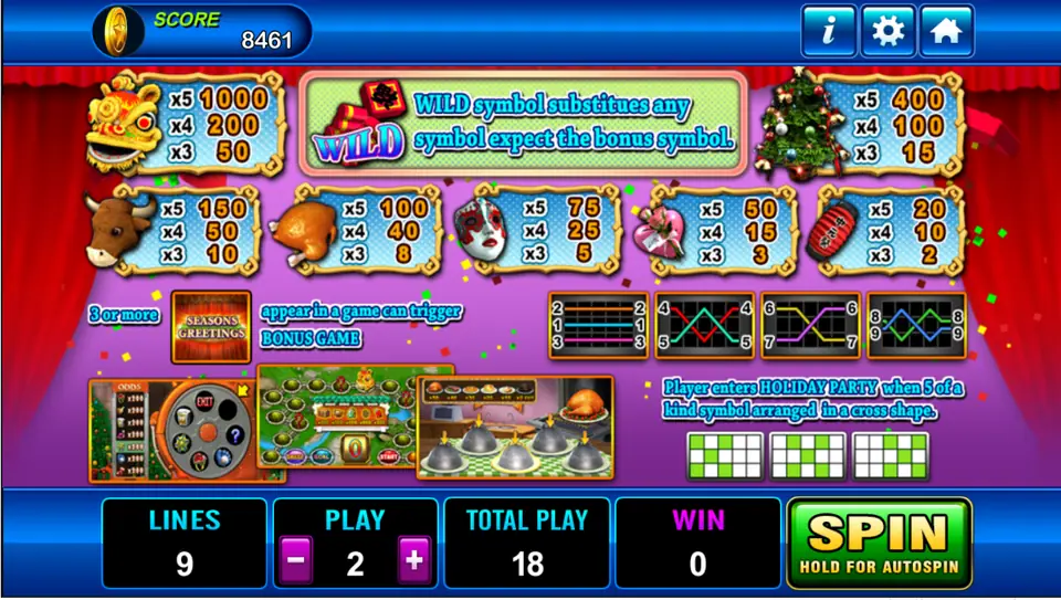Seasons Greeting pay table: lion dance head 1000, Christmas tree 400, bull head 150, roast chicken 100, mask 75, heart box 50, lantern 20, the wild gift box, the bonus game pictures and the Holiday Party cross patterns