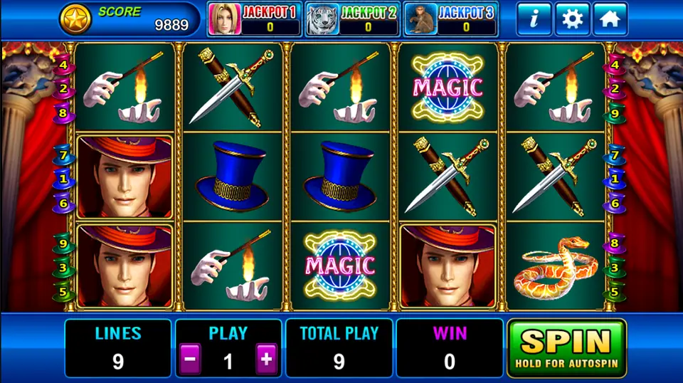 The Magician Plus reels with a magician in a red top hat, a gloved hand holding a flaming wand, daggers, a blue top hat, a Magic sign and a snake, stage curtains behind