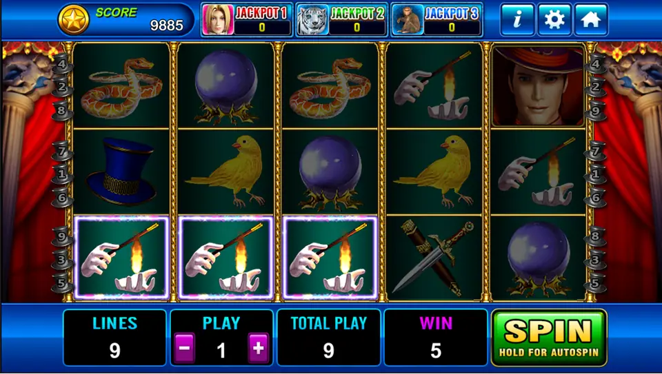 The Magician Plus with three flaming wands lit across the bottom row and a win of 5