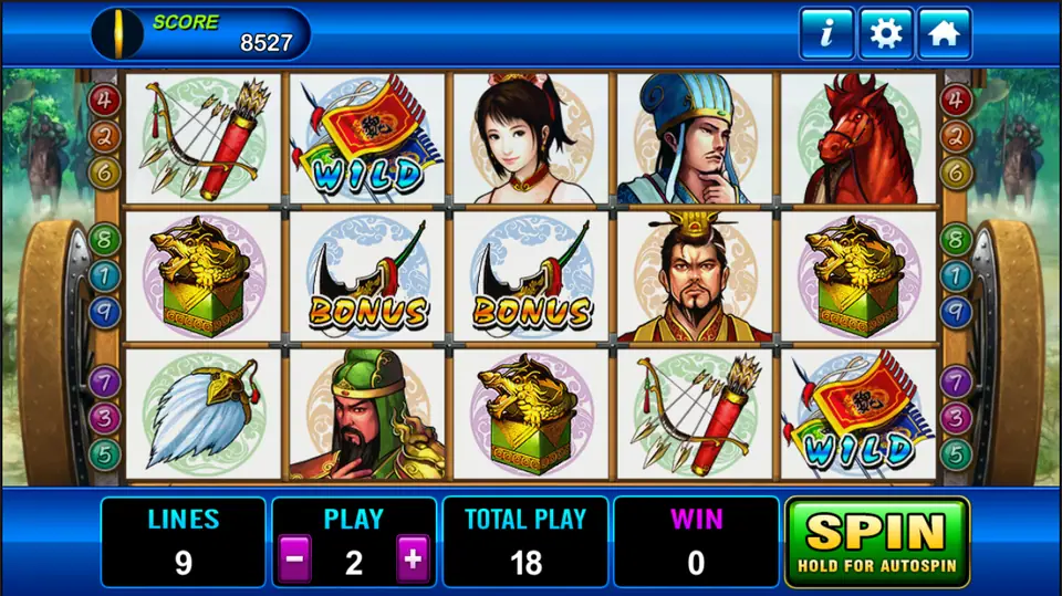 Three Kingdom reels with a bow and quiver, flag wilds, a young woman, a strategist in blue, a red horse, a dragon seal, bonus axes, a lord in a crown and Guan Yu in green