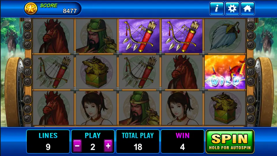 Three Kingdom with two bows and quivers lit on reels three and four, a flaming flag wild on reel five and a win of 4