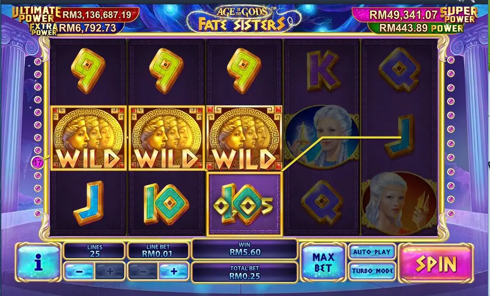 Age of the Gods Fate Sisters on Rollex11 with three gold wilds across reels 1 to 3 and a RM5.60 win at RM0.25 a spin