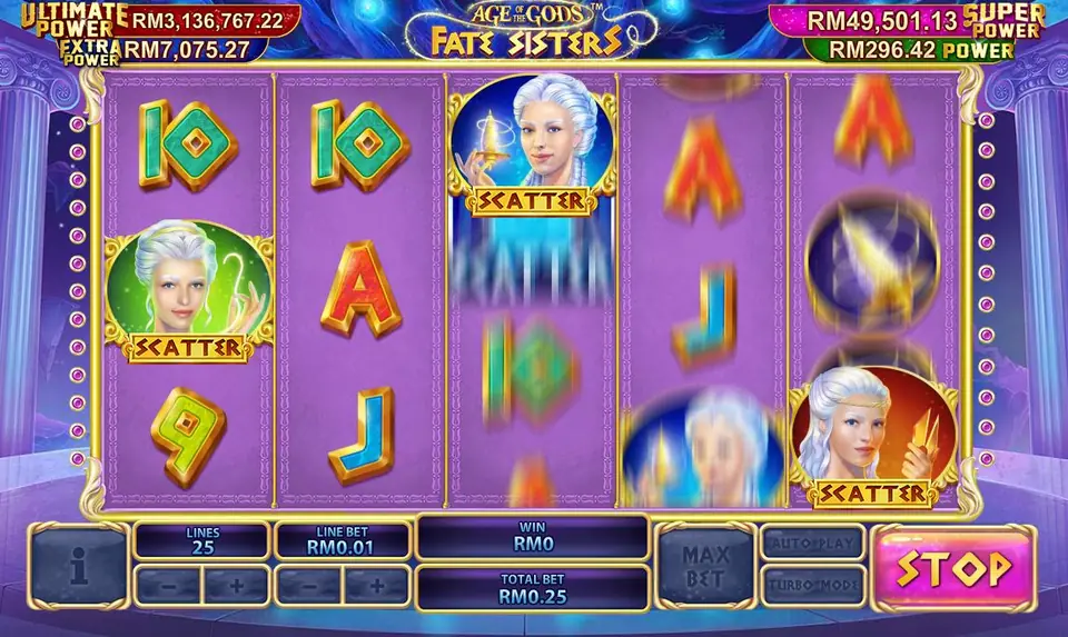 Fate Sisters on Rollex11 with sister scatters landing on reels 1, 3 and 5 while the reels spin