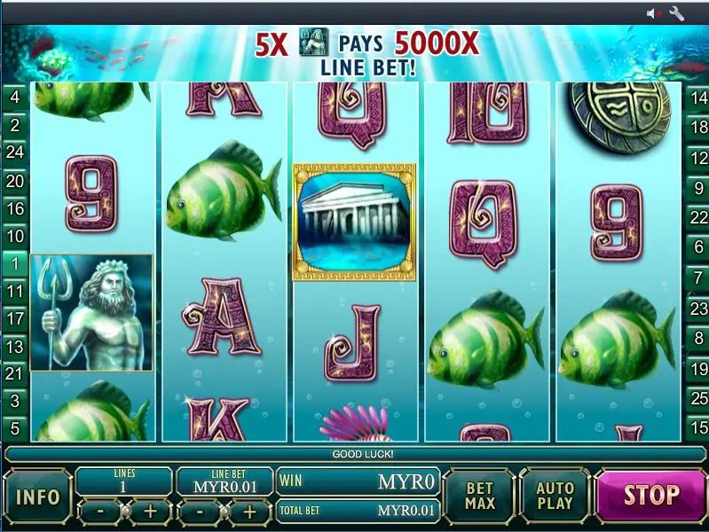 Atlantis Queen with the banner saying five Poseidon symbols pay 5000 times the line bet, and the sunken temple on reel 3