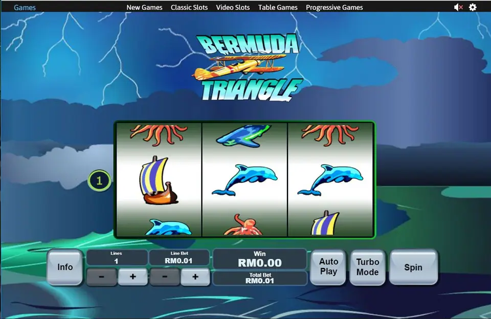 Bermuda Triangle with a sailing ship and two dolphins across the reels and an octopus above