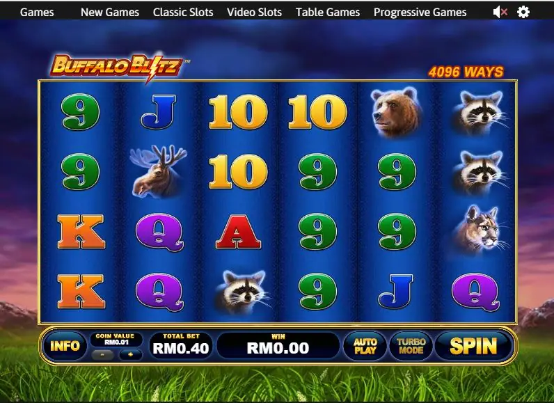 Buffalo Blitz start screen with card symbols, a bear, a moose, raccoons and a cougar across six reels