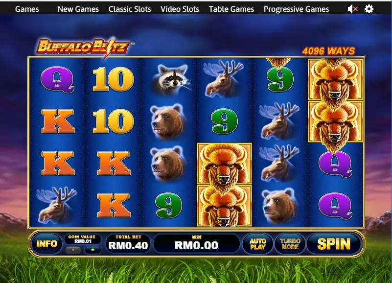 Buffalo Blitz with buffalo stacked on reels 5 and 6, moose and raccoons elsewhere, total bet RM0.40