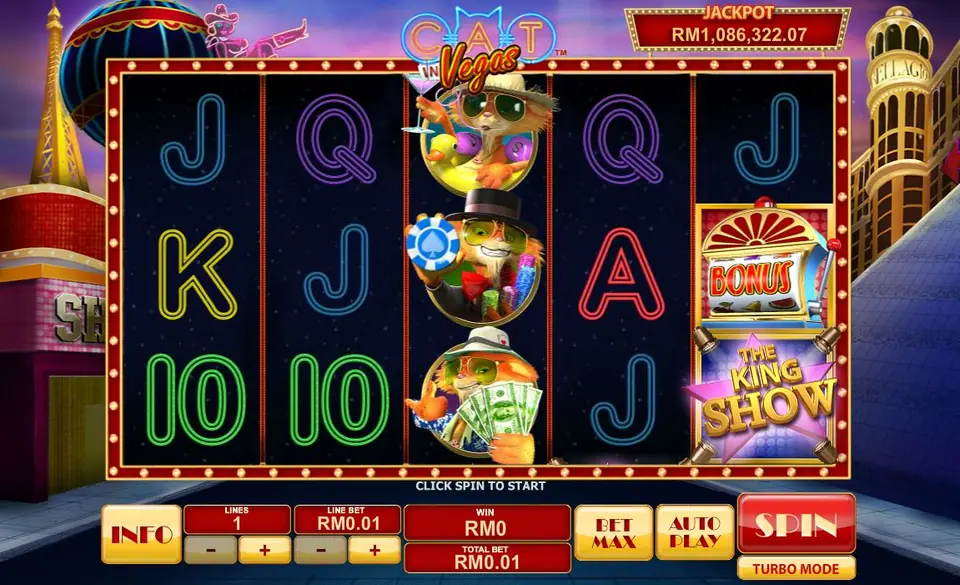 Cat in Vegas on Rollex11 with neon card letters, stacked cat symbols on reel 3, and the Bonus and King Show symbols on reel 5