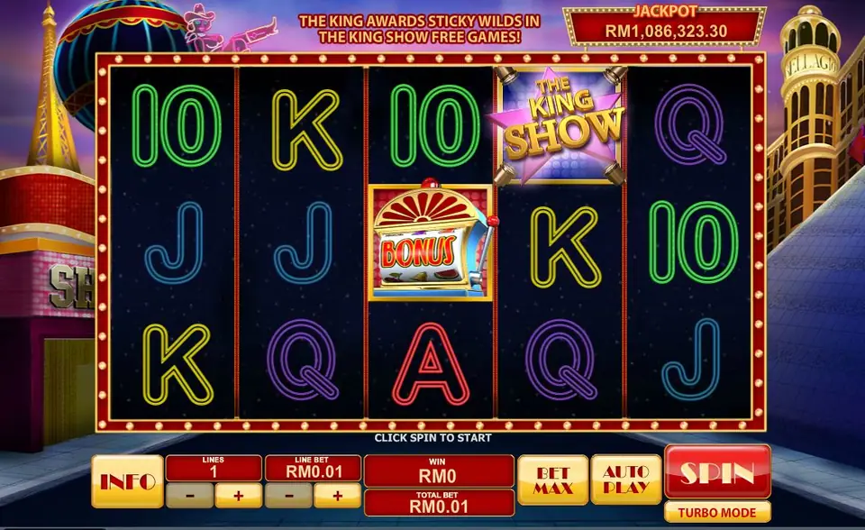 Cat in Vegas with the King Show symbol on reel 4, a slot machine Bonus symbol on reel 3, and the King Show sticky wilds banner