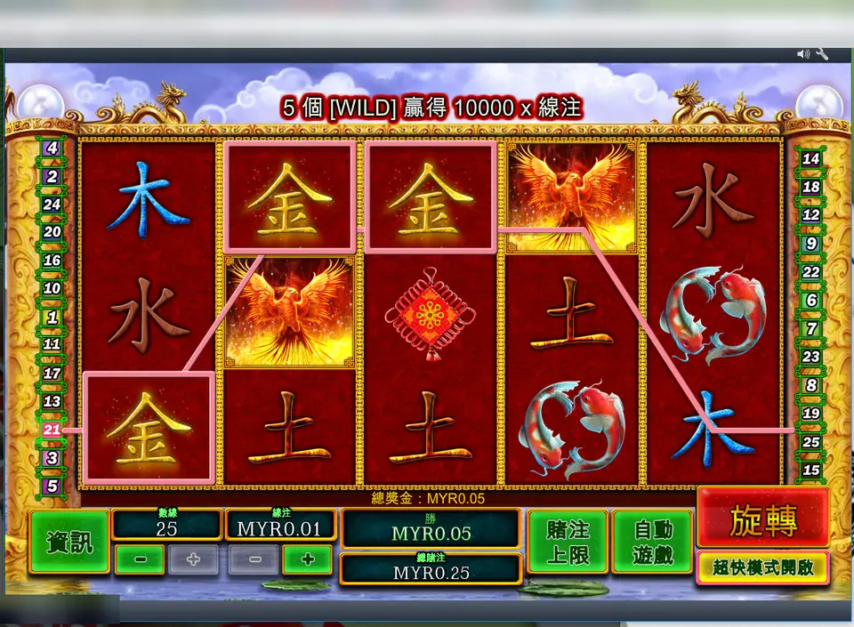 Fei Long Zai Tian with three gold 金 characters forming a line 21 win of MYR0.05 and phoenix, koi and knot symbols on red reels