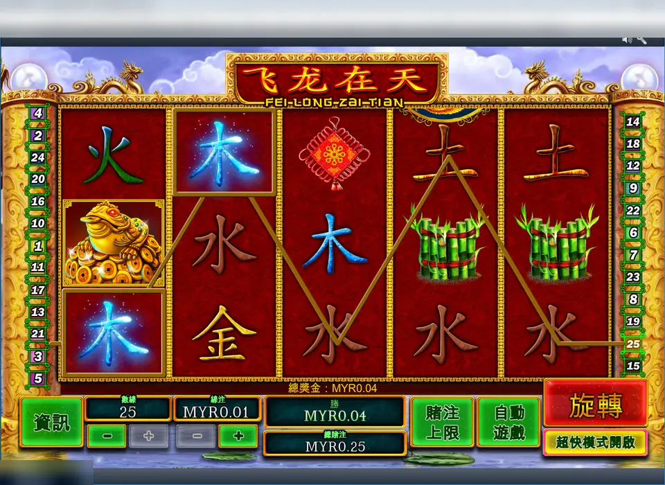 Fei Long Zai Tian with a golden toad and blue 木 symbols on reel 1, bamboo on reels 4 and 5, and a MYR0.04 win