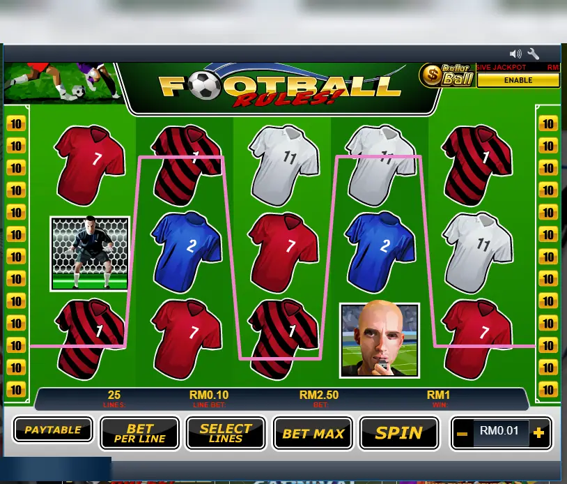 Football Rules with a winning line of shirts drawn across the reels and a RM1 win on a RM2.50 bet