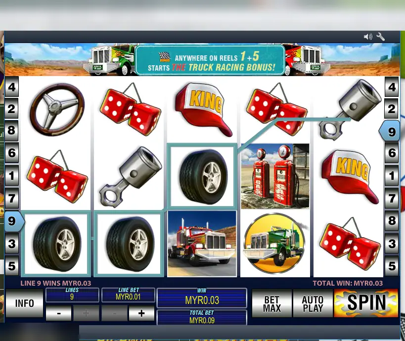 Highway Kings Pro with a win on line 9 through three tyres, paying MYR0.03
