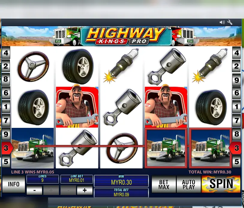 Highway Kings Pro on Rollex11 with two trucker wilds, a row of trucks on line 3 and a MYR0.30 total win at 9 lines