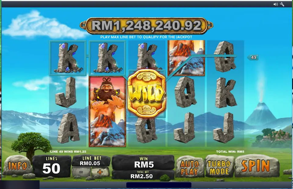 Jackpot Giant with the giant and volcano stacked on reel 2, a wild on reel 3 and a RM5 win