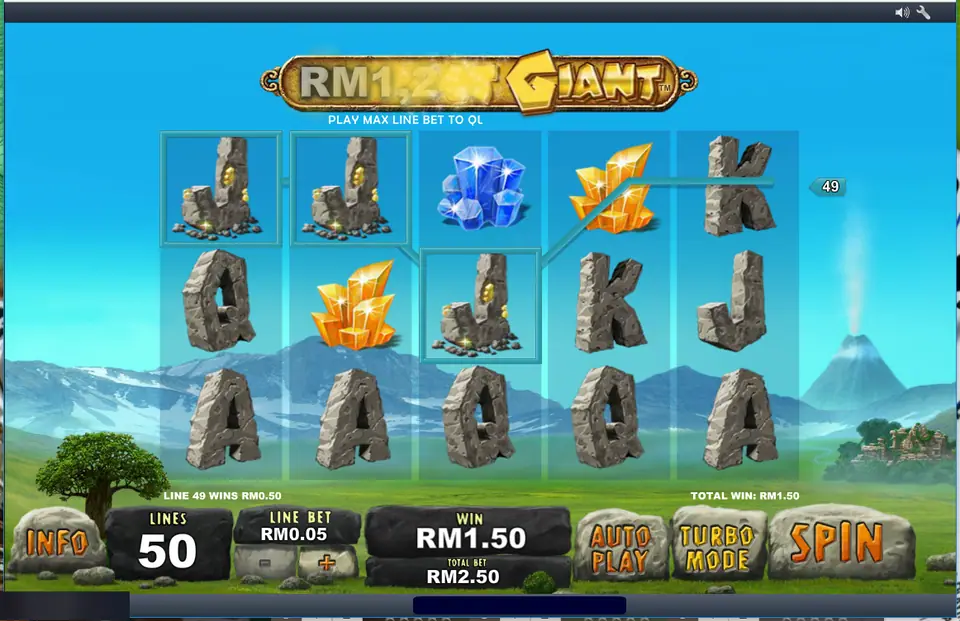 Jackpot Giant with yellow gems and a blue gem on the top row and a RM1.50 win on a RM2.50 spin