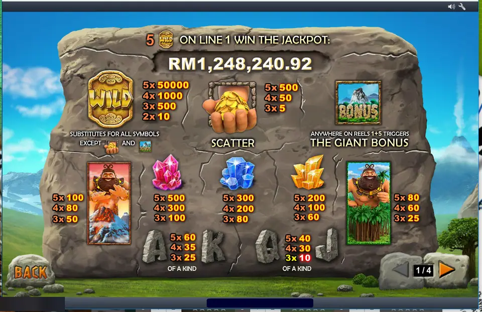 Jackpot Giant pay table on Rollex11: five wilds on line 1 win the jackpot of RM1,248,240.92, plus wild, scatter, bonus and symbol pays