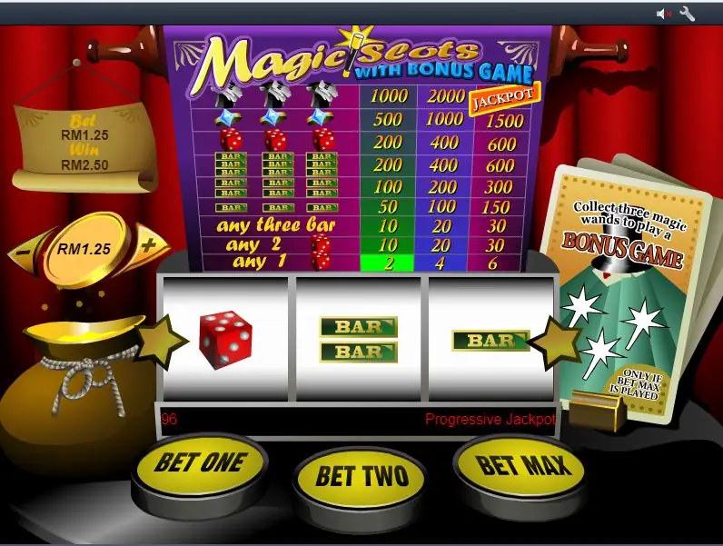 Magic Slots with a dice on reel 1 and bars on reels 2 and 3, bet RM2.50 on two coins