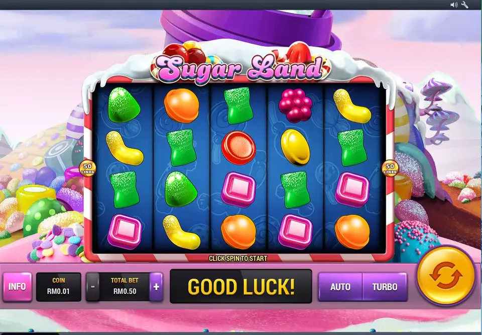 Sugar Land on Rollex11 with green gummy bears, orange and pink sweets and yellow jelly beans on a candy-cane framed grid