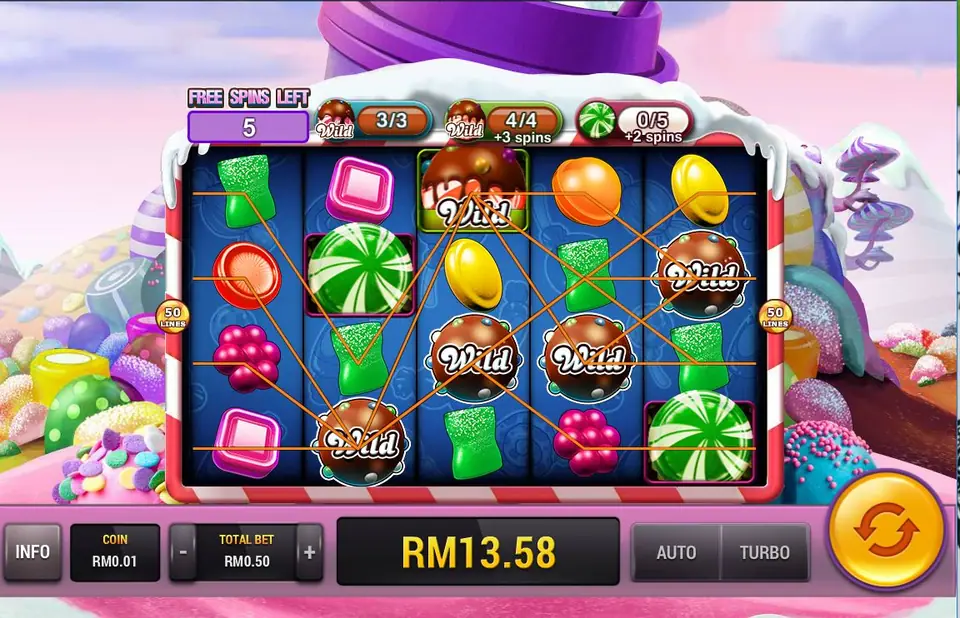 Sugar Land free spins with several wild cakes on the reels, the gravy boat counters at the top and RM13.58 won so far